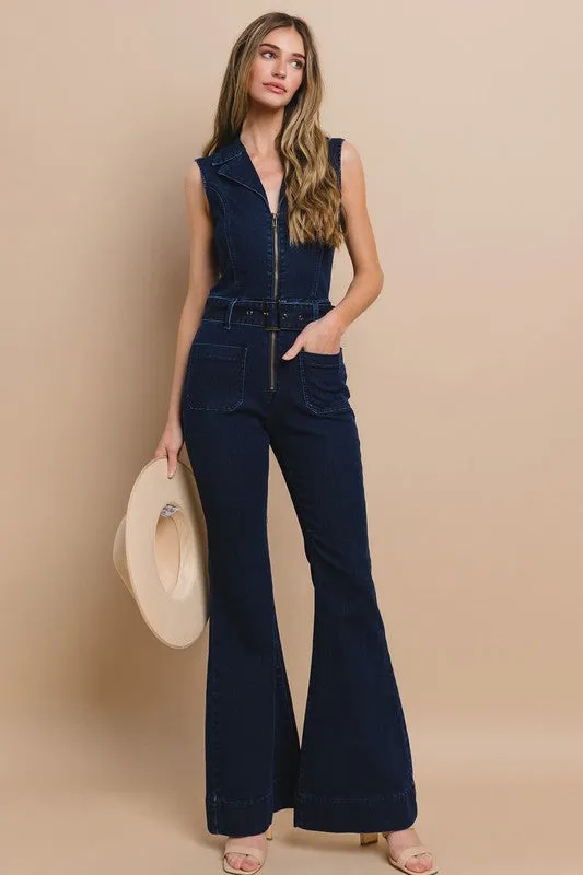 Dark Denim Sleeveless Belted Long Denim Jumpsuit