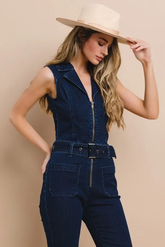 Dark Denim Sleeveless Belted Long Denim Jumpsuit