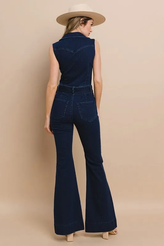 Dark Denim Sleeveless Belted Long Denim Jumpsuit