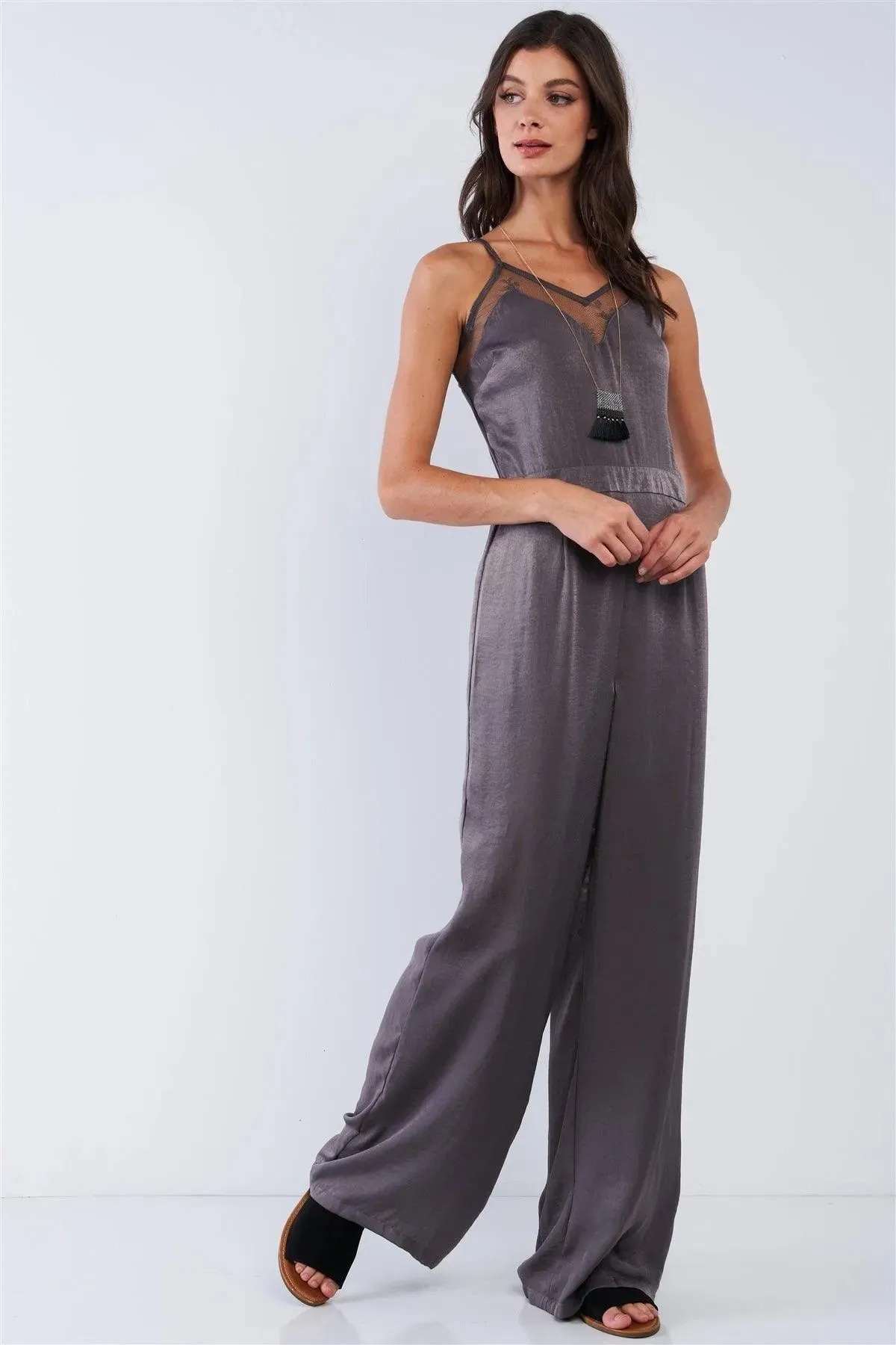 Dark Olive Chic Satin Sleeveless Mesh Hem V-Neck Wide Leg Jumpsuit /2-3-1
