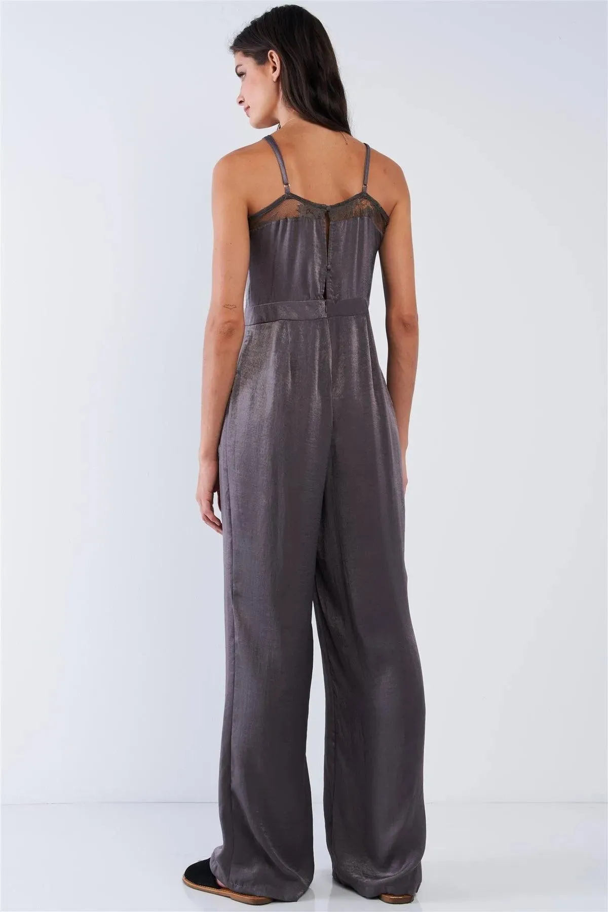 Dark Olive Chic Satin Sleeveless Mesh Hem V-Neck Wide Leg Jumpsuit /2-3-1