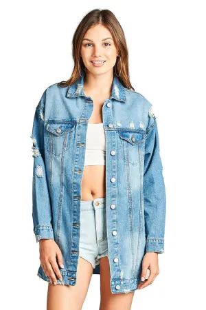 Denim Distressed Oversized Basic Collar Button Front Long Ripped Jacket