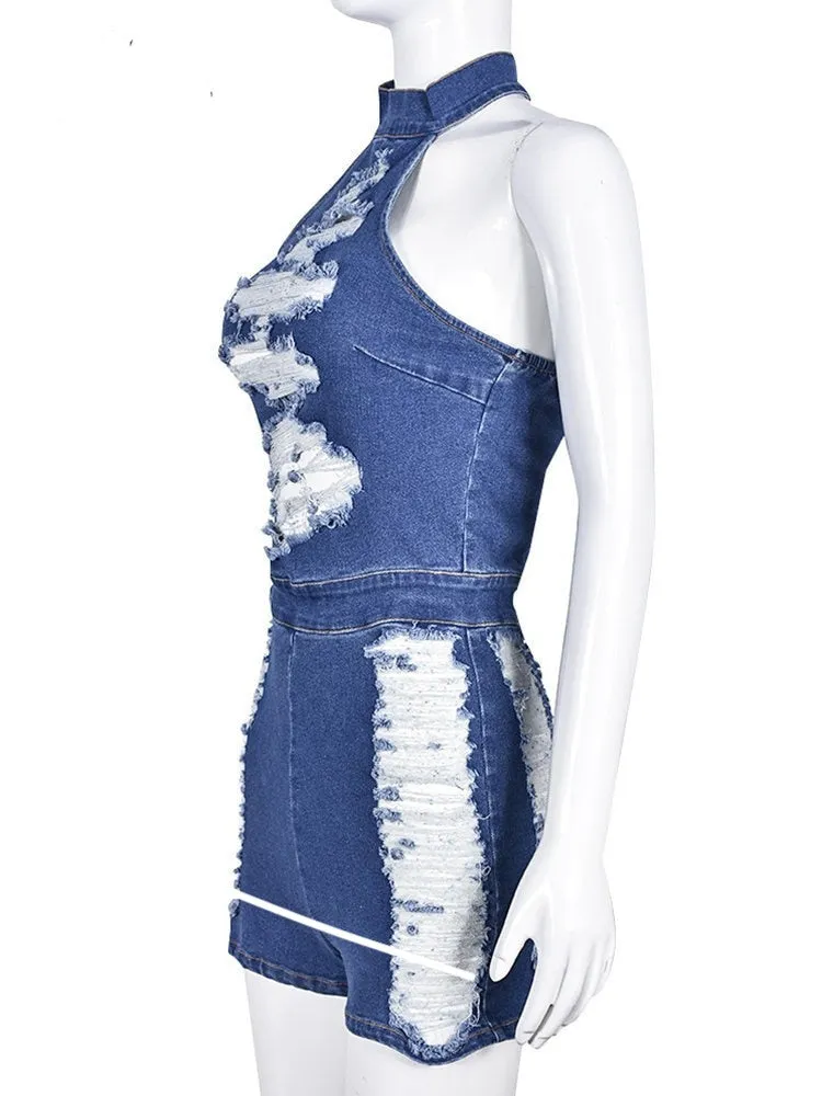 DENIM HOLLOW OUT CASUAL ROMPER