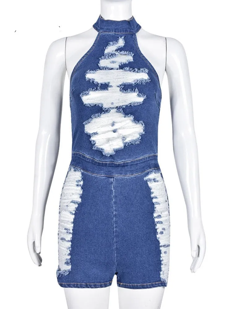 DENIM HOLLOW OUT CASUAL ROMPER