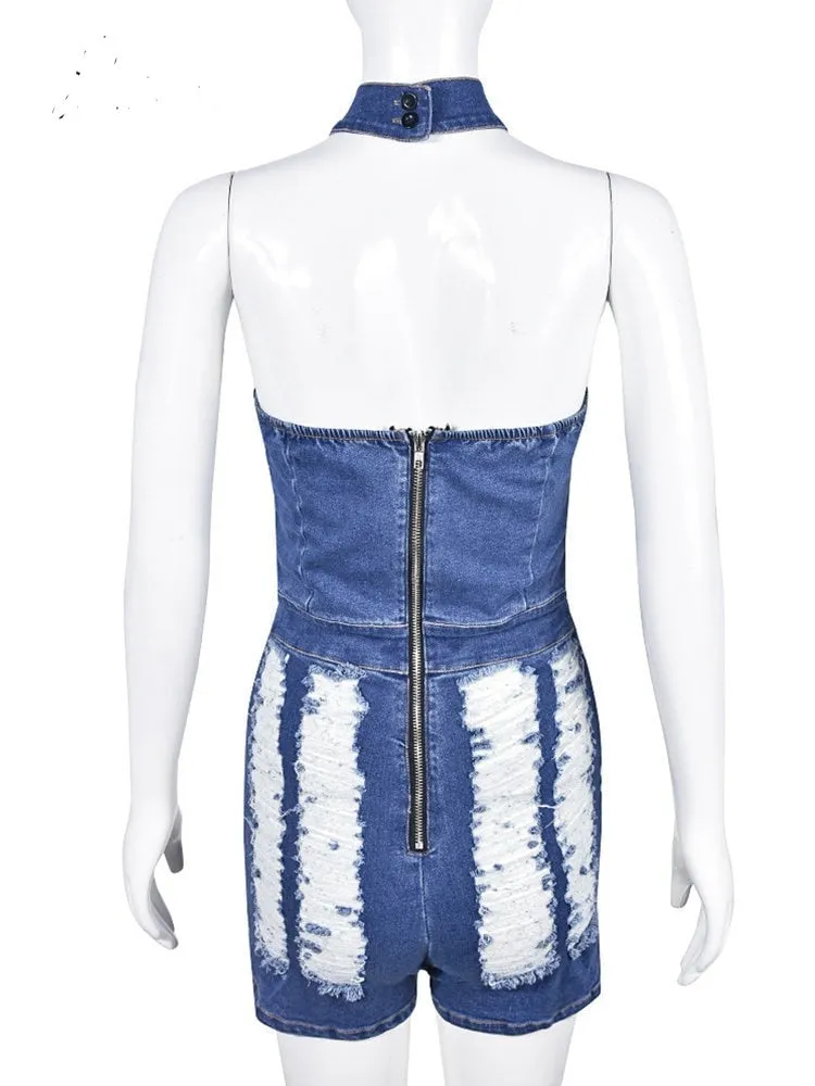 DENIM HOLLOW OUT CASUAL ROMPER