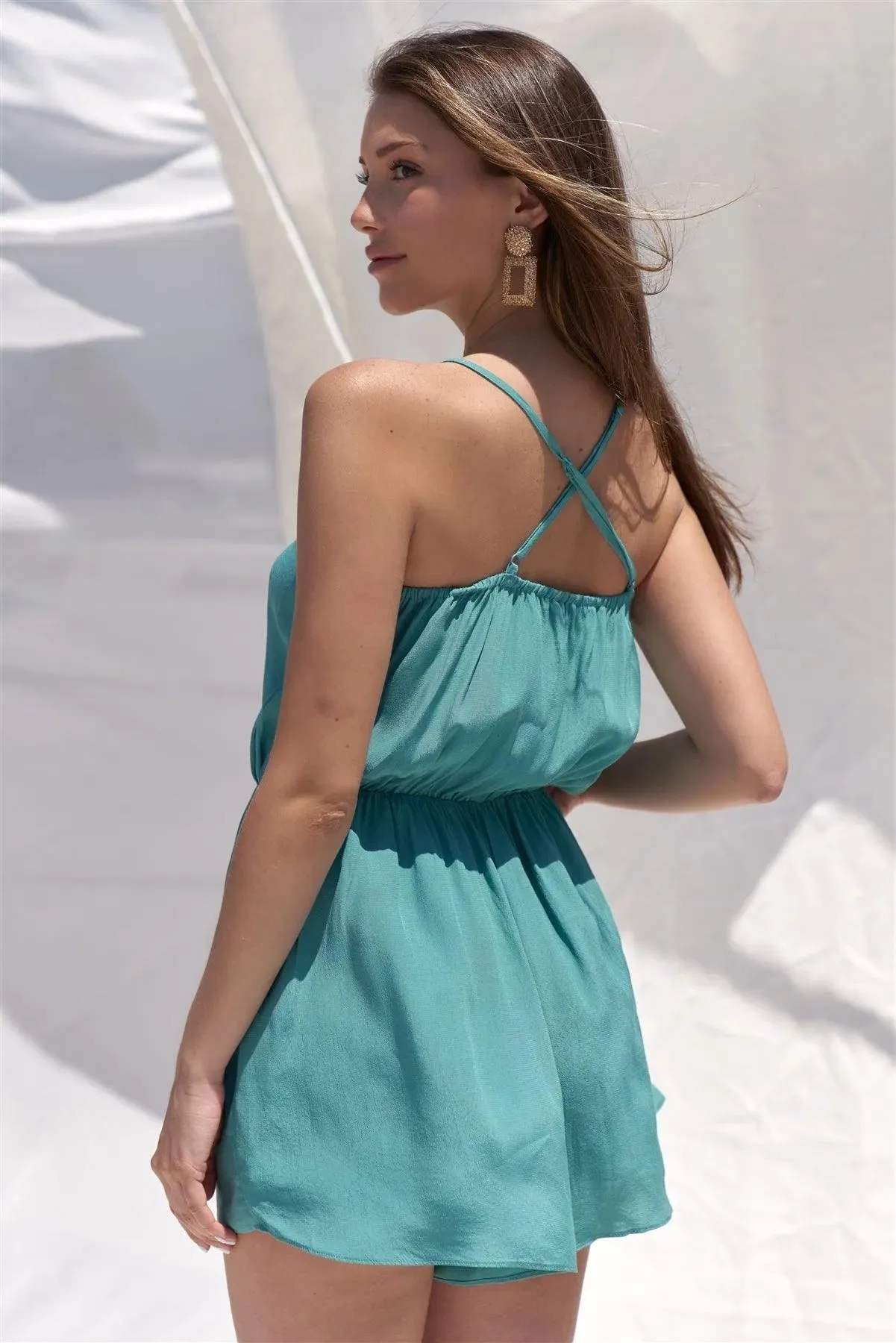 Dusty Teal Greek Embroidery Hem V-Neck Romper