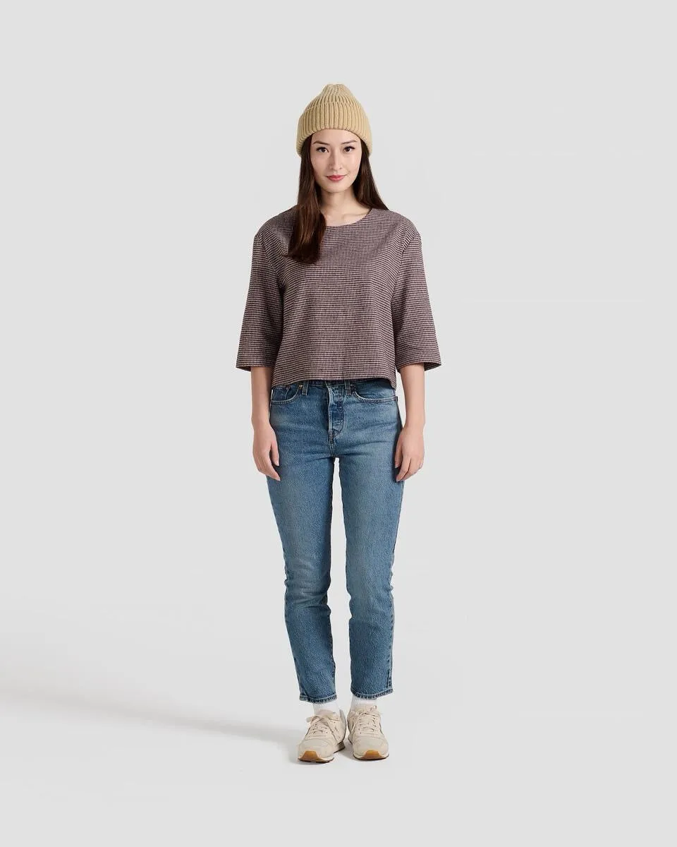 Elfin Micro Flannel Plaid 3/4 Sleeve Blouse