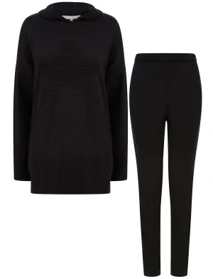 Fonteyn Star Motif 2pc Jersey Knit Matching Hoody & Pants Lounge Co-ord Set in Jet Black - Amara Reya