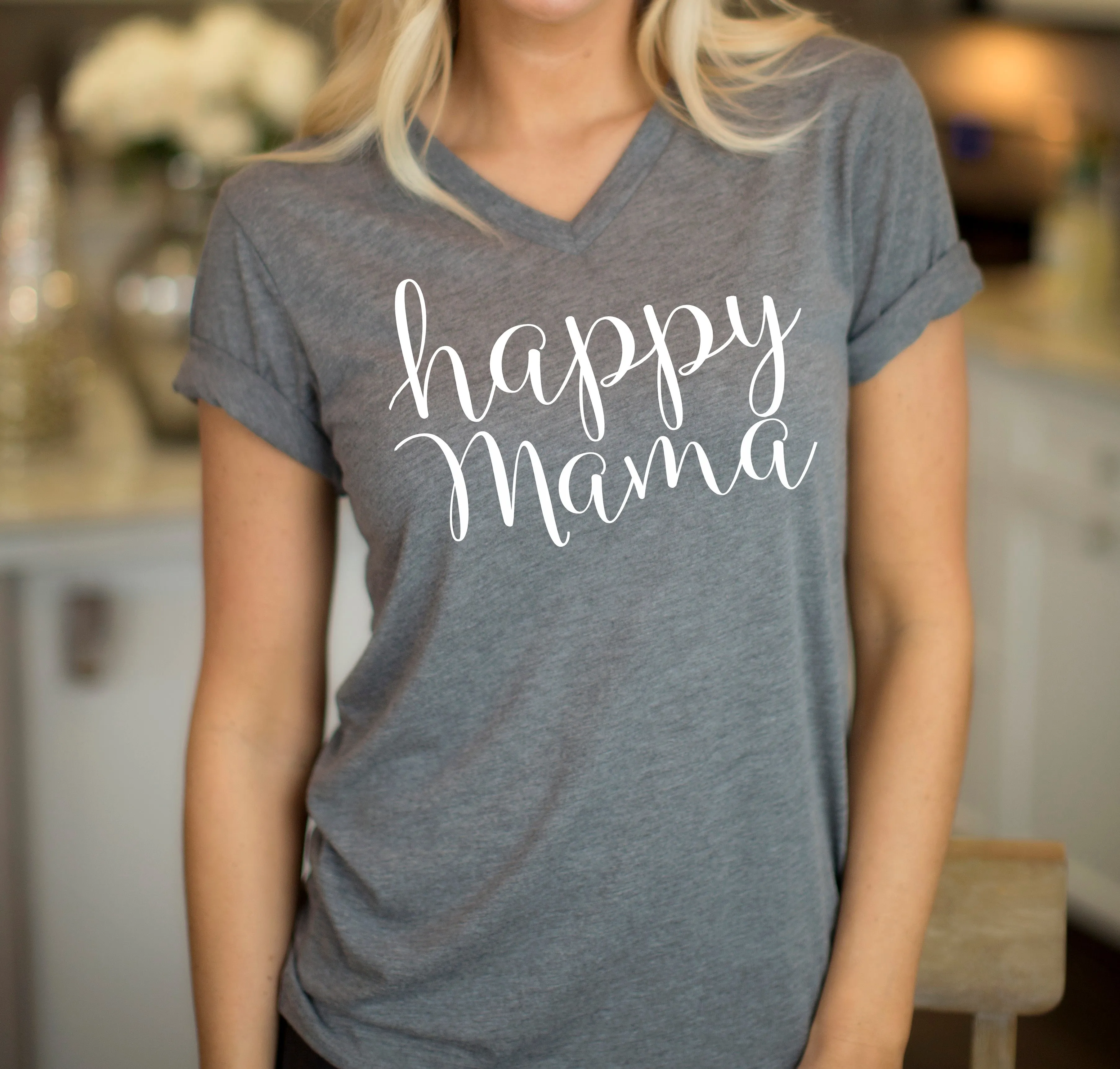 Gray V-Neck 'Happy Mama' T-shirt