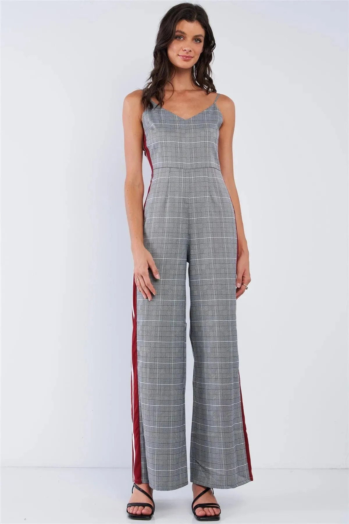 Grey Checkered V-Neck Sleeveless Red&White Accent Side Stripe Wide Leg Jumpsuit /1-2-2-1