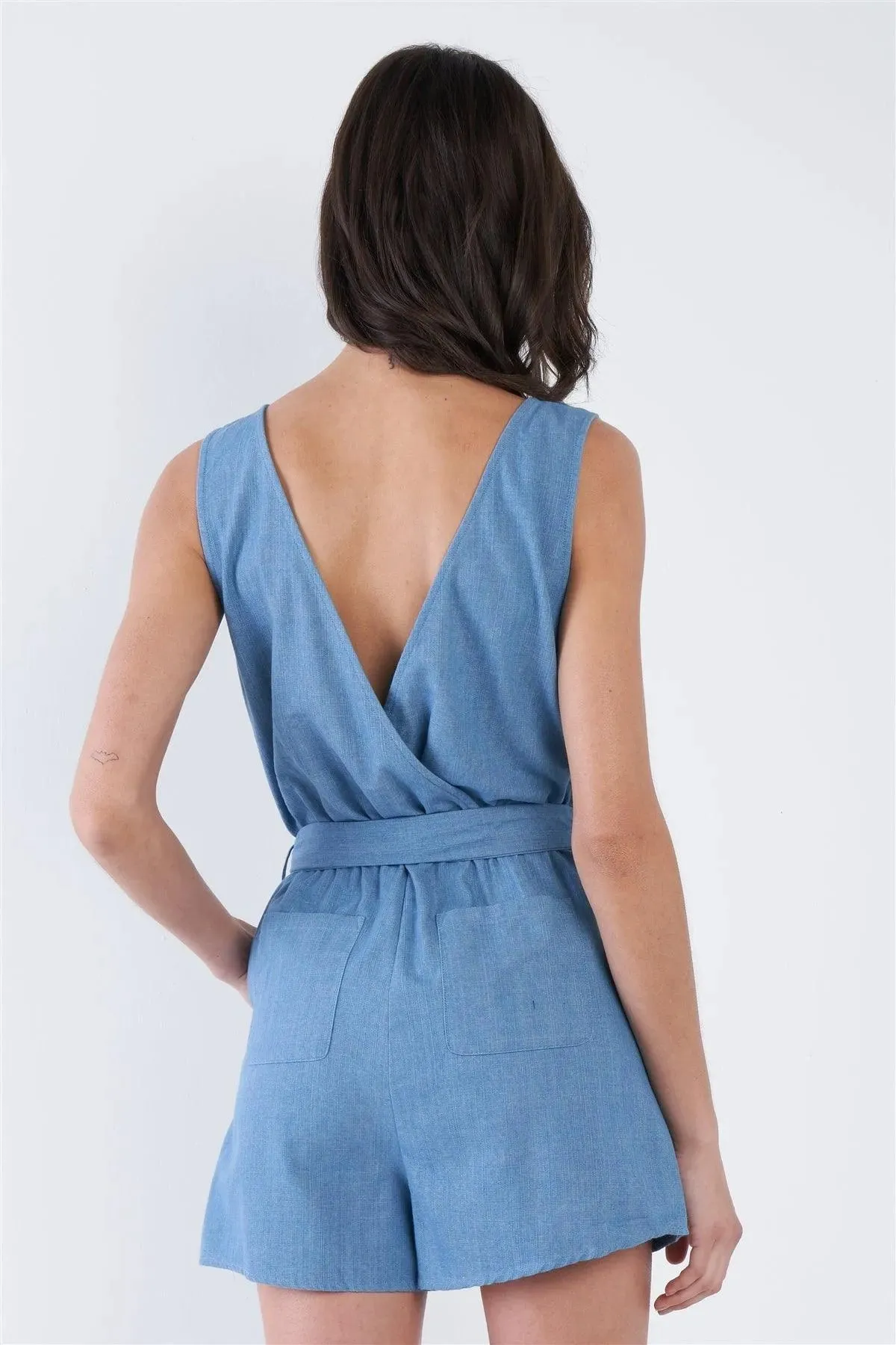 Indigo Blue Cotton V-Neck Front Button Short Romper /2-2-2