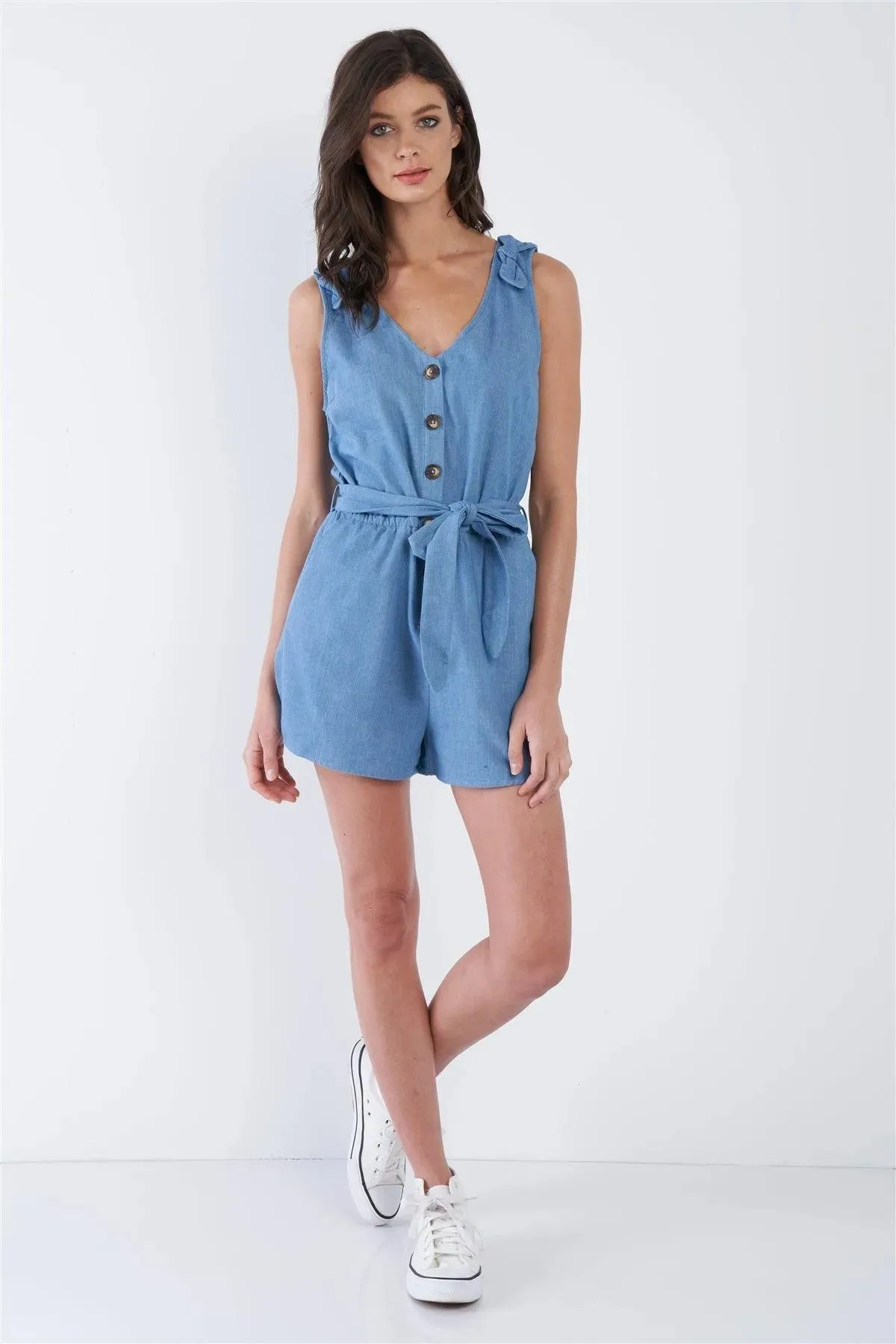 Indigo Blue Cotton V-Neck Front Button Short Romper /2-2-2