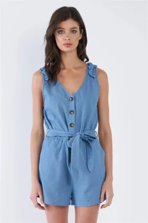 Indigo Blue Cotton V-Neck Front Button Short Romper /2-2-2