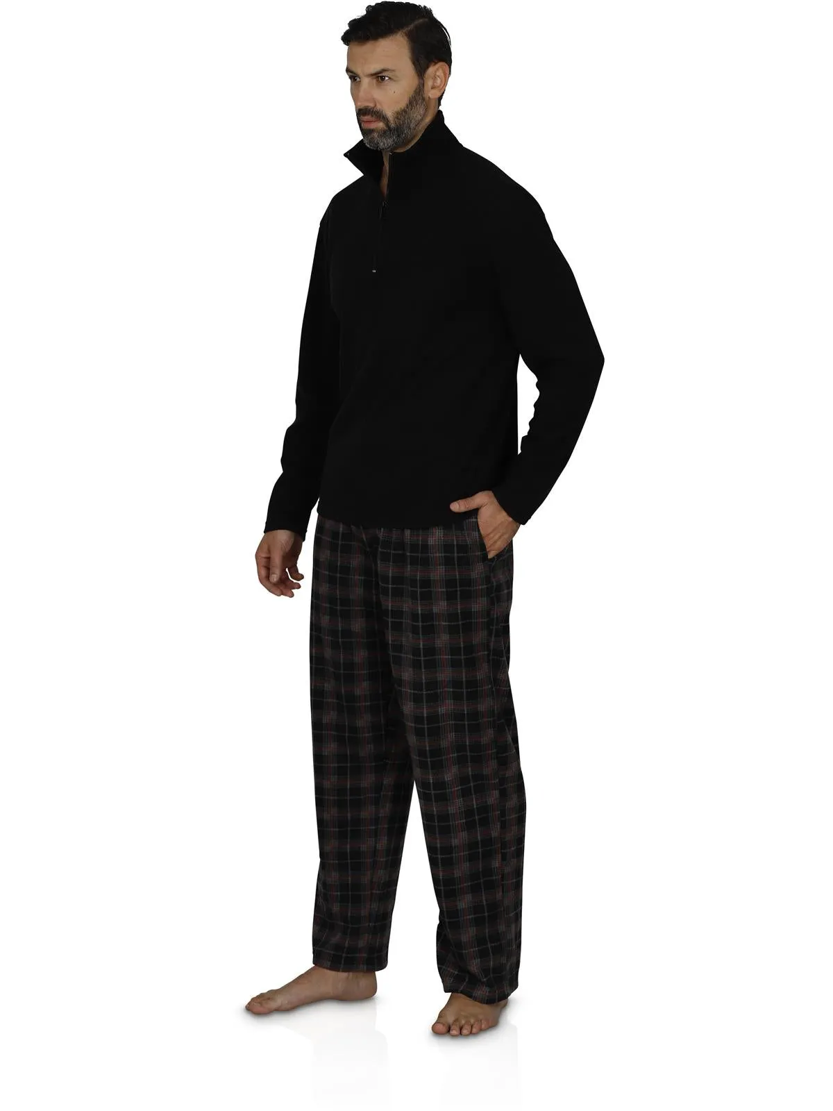 Intimo Men's Long Sleeve Solid Quarter Zip Microfleece Top and Microfleece Plaid Pant, Black