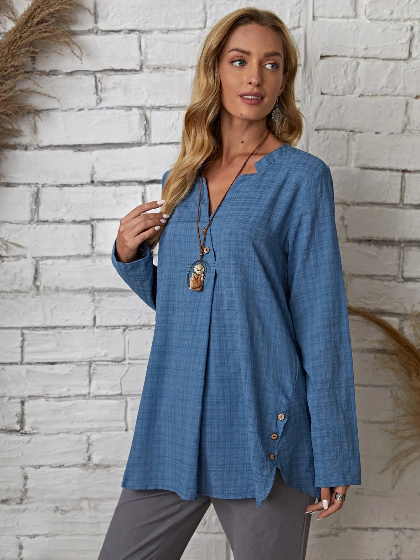 KittenAlarm - Plaid Notch Neck Blouse