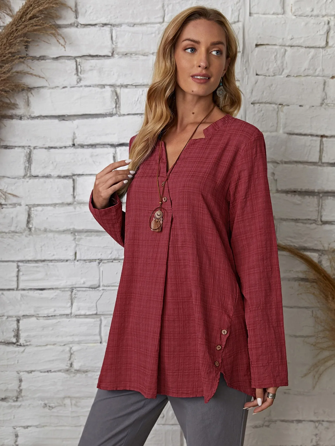 KittenAlarm - Plaid Notch Neck Blouse