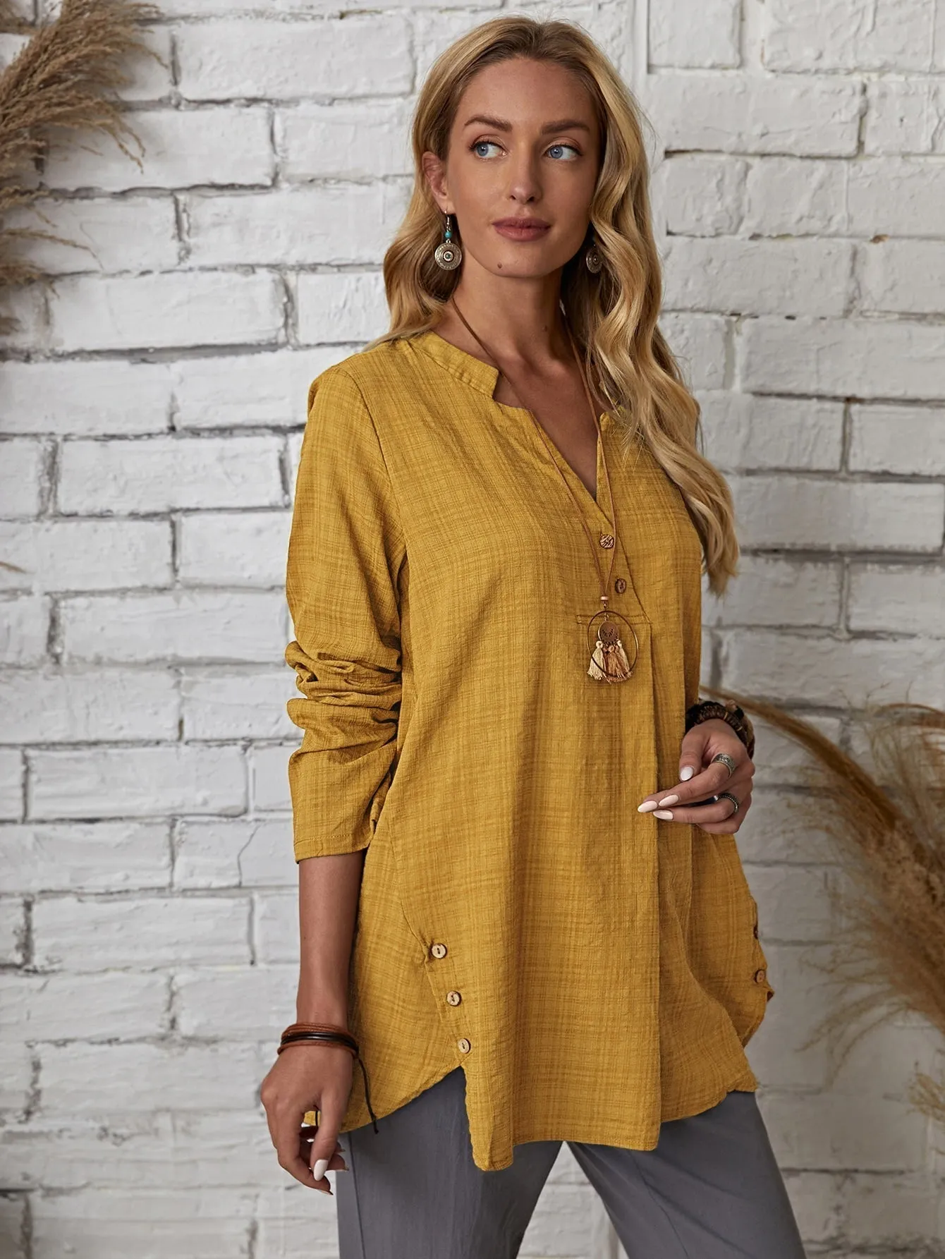 KittenAlarm - Plaid Notch Neck Blouse