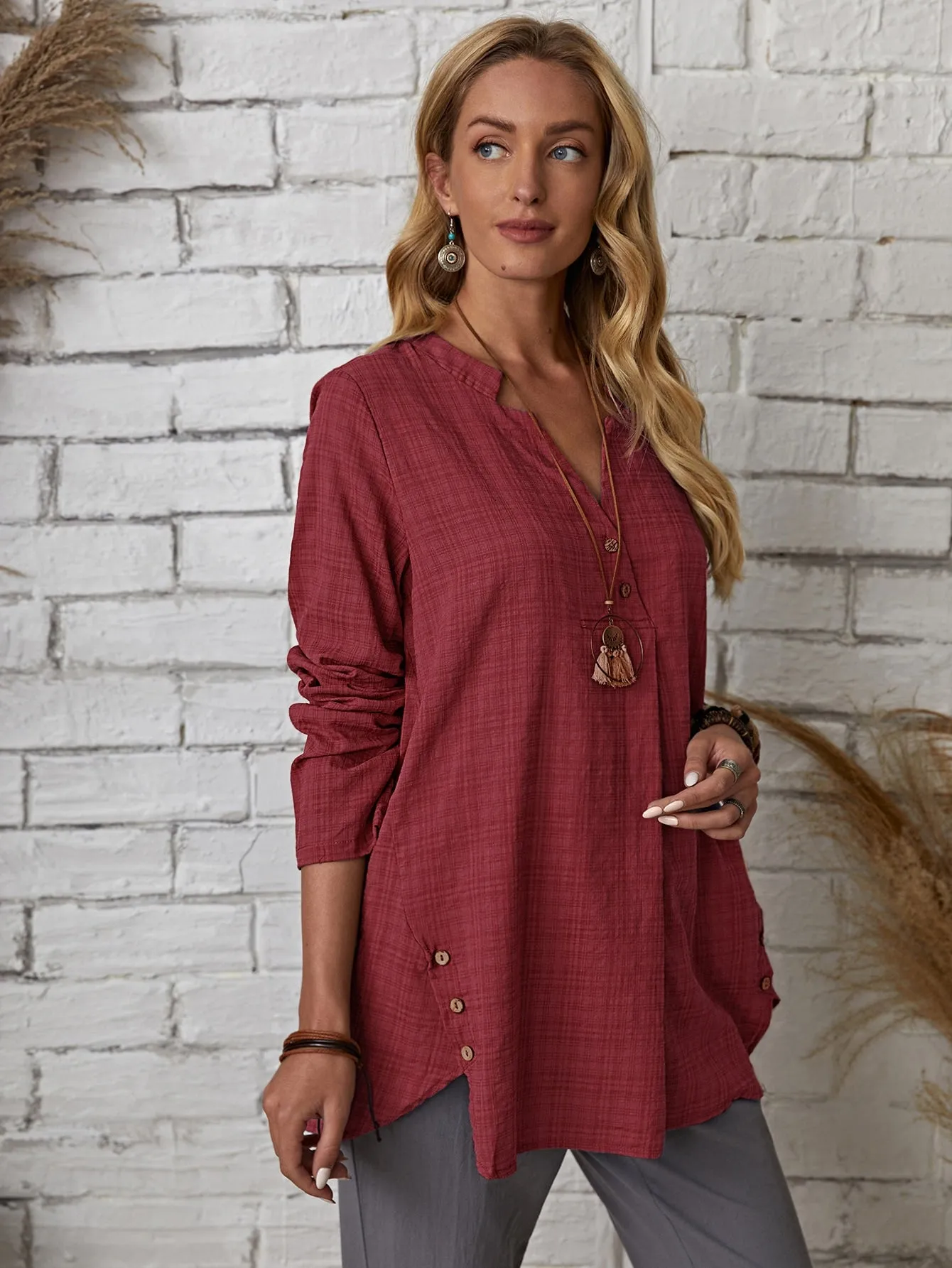 KittenAlarm - Plaid Notch Neck Blouse
