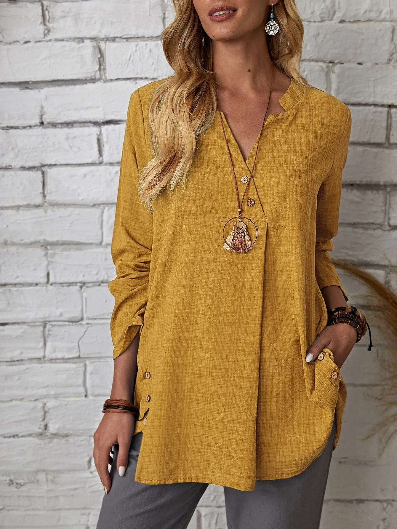 KittenAlarm - Plaid Notch Neck Blouse