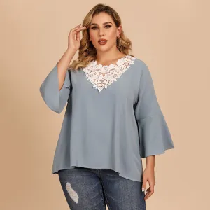 KittenAlarm - Plus size women's blouse with flared sleeves and lace crochet stitching V-neck in solid color shirt