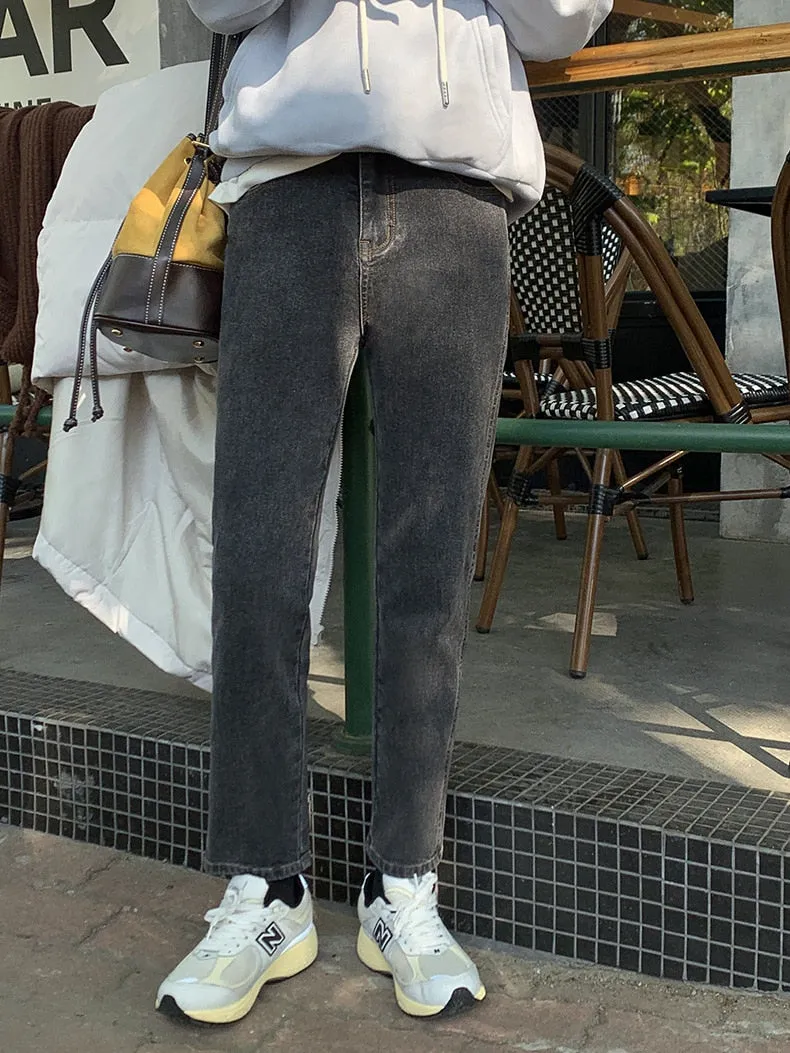 [Korean Style] High Waist Washed Cropped Straight Jeans