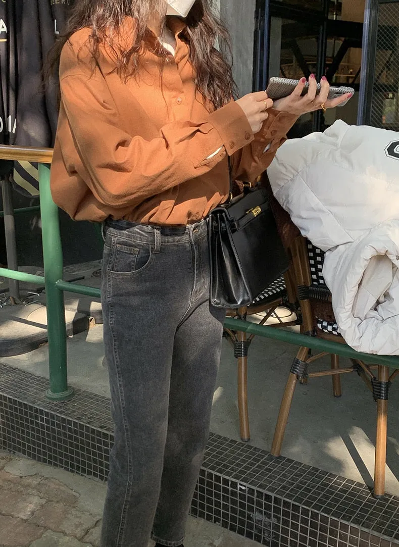 [Korean Style] High Waist Washed Cropped Straight Jeans