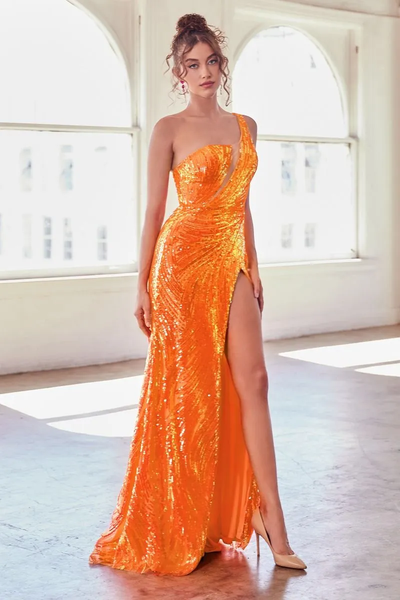 Ladivine CK937 Size 6 Hot Pink One shoulder Fitted Sequin Formal Prom Dress Maxi Slit Sheer V Neck