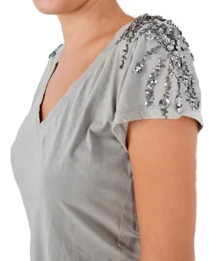 Light Grey V-Neck Sequin T-Shirt