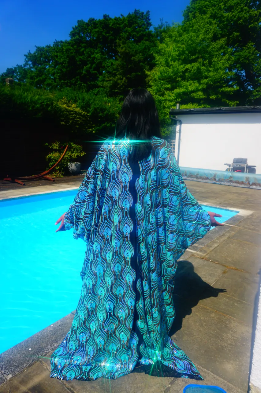 Luxury Aqua Mint Sparkle Holographic Sequin Kaftan Gown / Kimono Robe