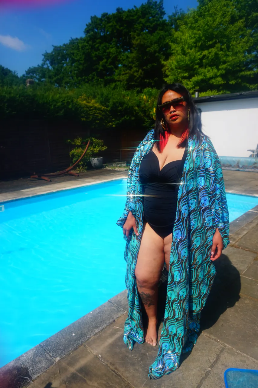 Luxury Aqua Mint Sparkle Holographic Sequin Kaftan Gown / Kimono Robe