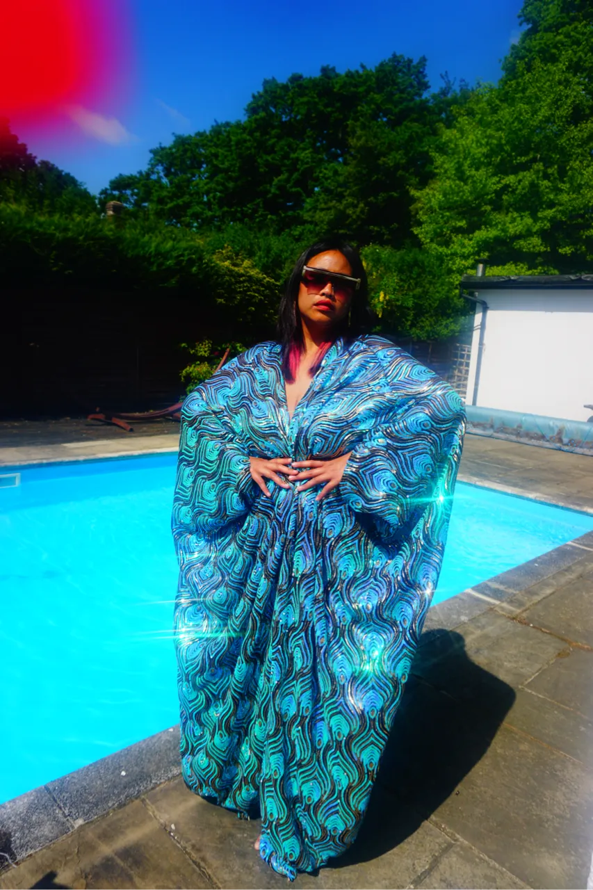 Luxury Aqua Mint Sparkle Holographic Sequin Kaftan Gown / Kimono Robe