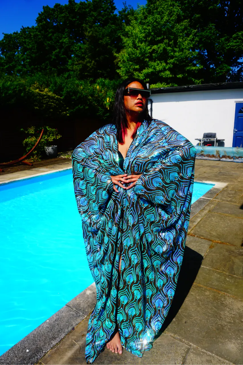 Luxury Aqua Mint Sparkle Holographic Sequin Kaftan Gown / Kimono Robe