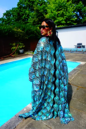 Luxury Aqua Mint Sparkle Holographic Sequin Kaftan Gown / Kimono Robe