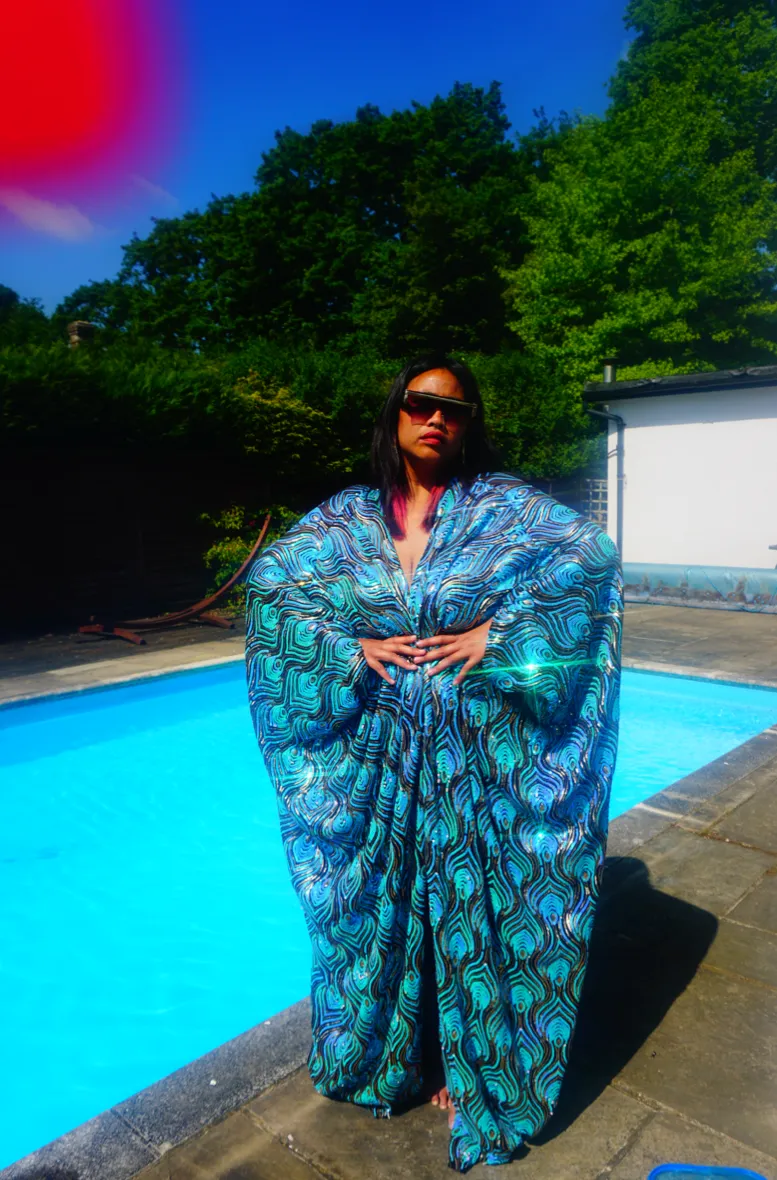 Luxury Aqua Mint Sparkle Holographic Sequin Kaftan Gown / Kimono Robe