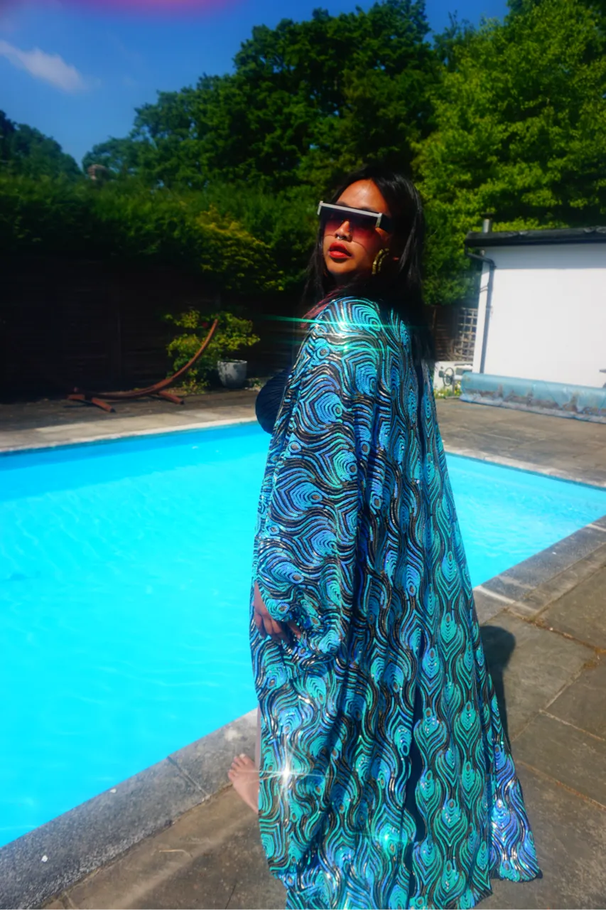 Luxury Aqua Mint Sparkle Holographic Sequin Kaftan Gown / Kimono Robe
