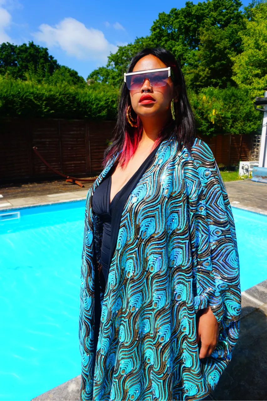 Luxury Aqua Mint Sparkle Holographic Sequin Kaftan Gown / Kimono Robe