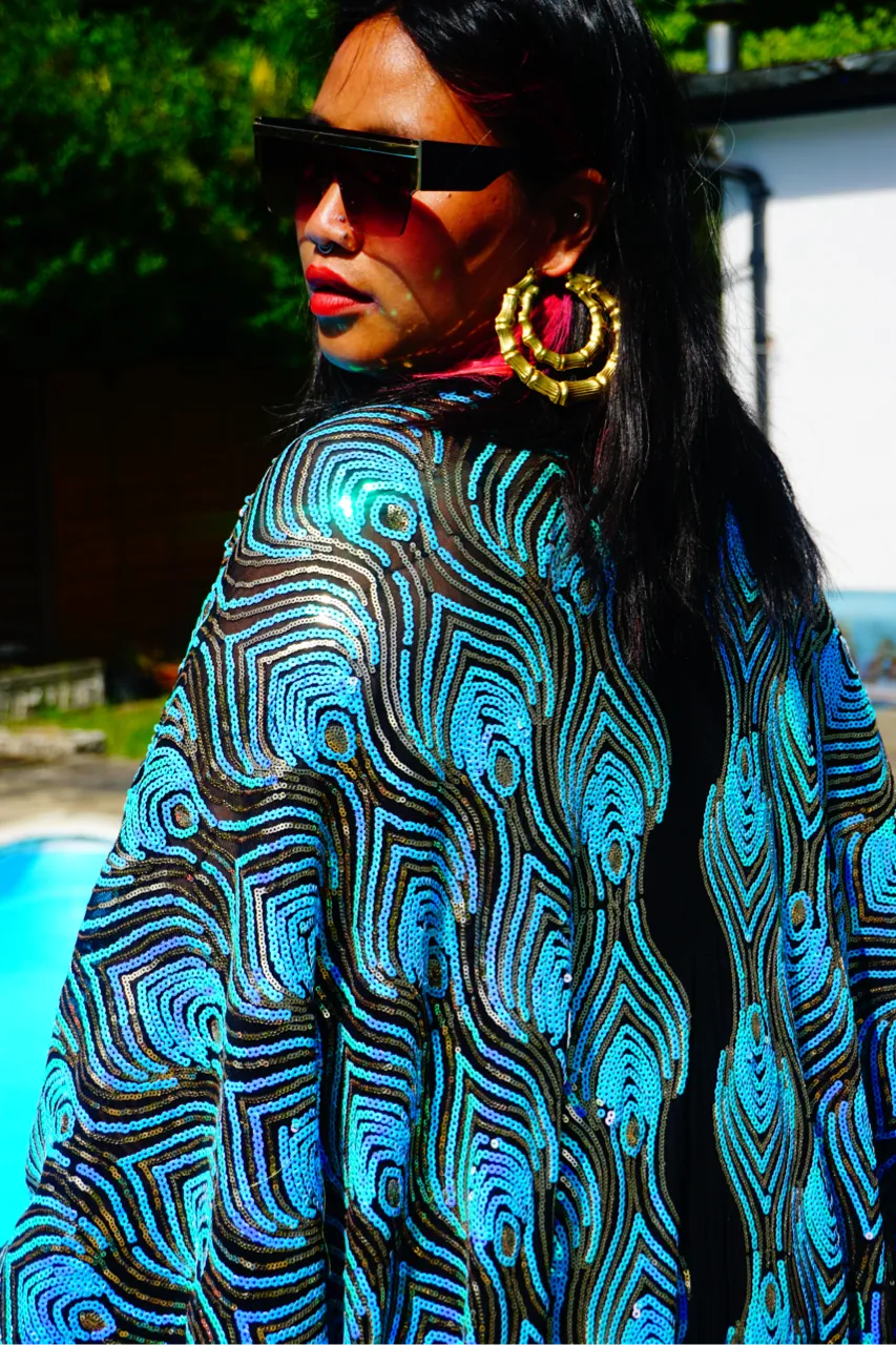 Luxury Aqua Mint Sparkle Holographic Sequin Kaftan Gown / Kimono Robe