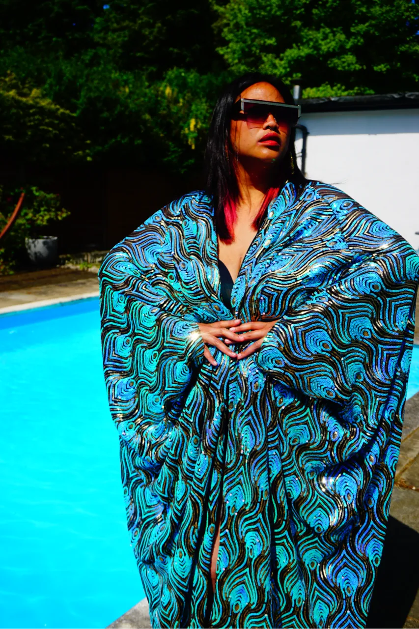 Luxury Aqua Mint Sparkle Holographic Sequin Kaftan Gown / Kimono Robe