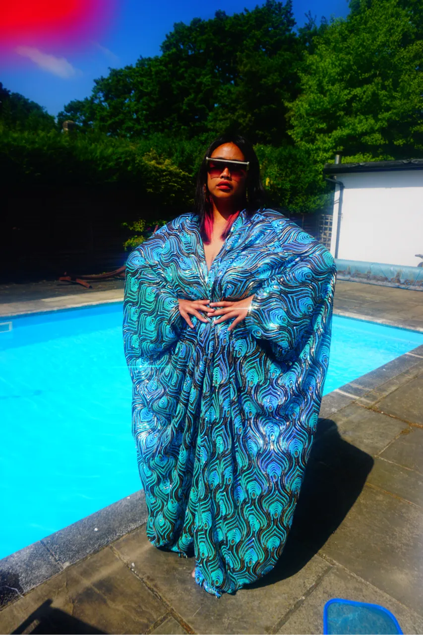 Luxury Aqua Mint Sparkle Holographic Sequin Kaftan Gown / Kimono Robe
