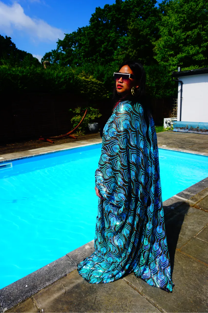 Luxury Aqua Mint Sparkle Holographic Sequin Kaftan Gown / Kimono Robe