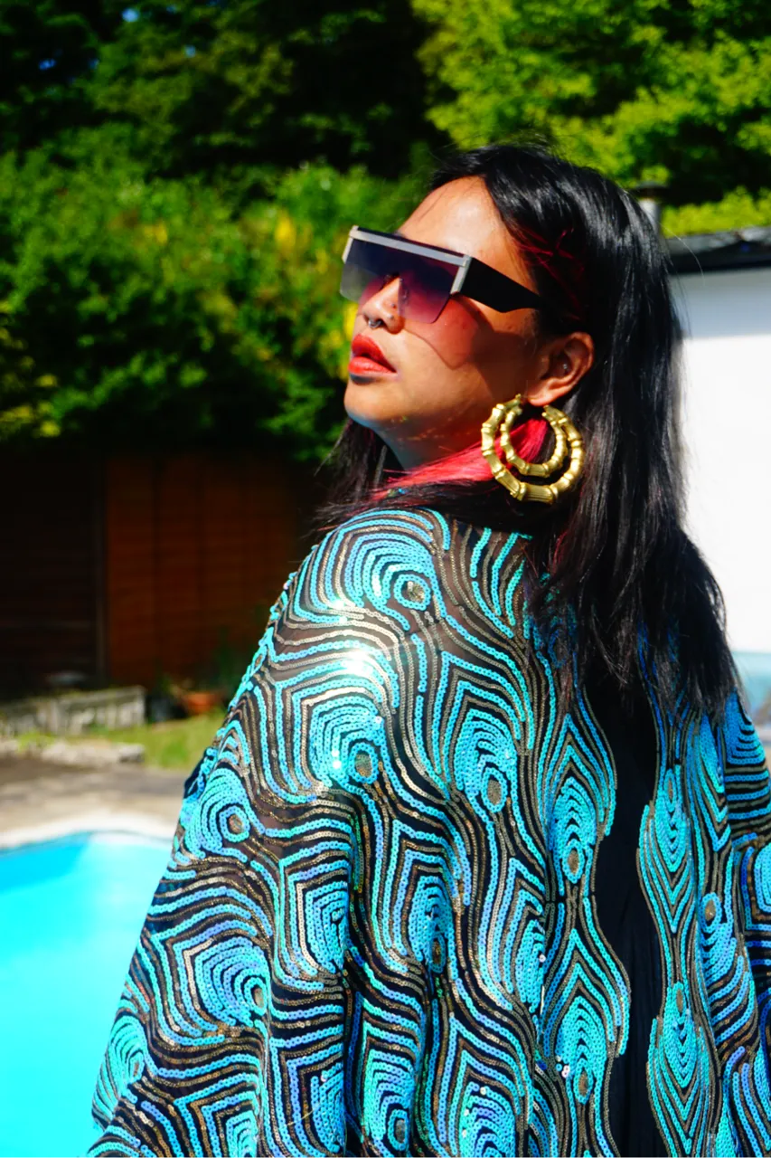 Luxury Aqua Mint Sparkle Holographic Sequin Kaftan Gown / Kimono Robe
