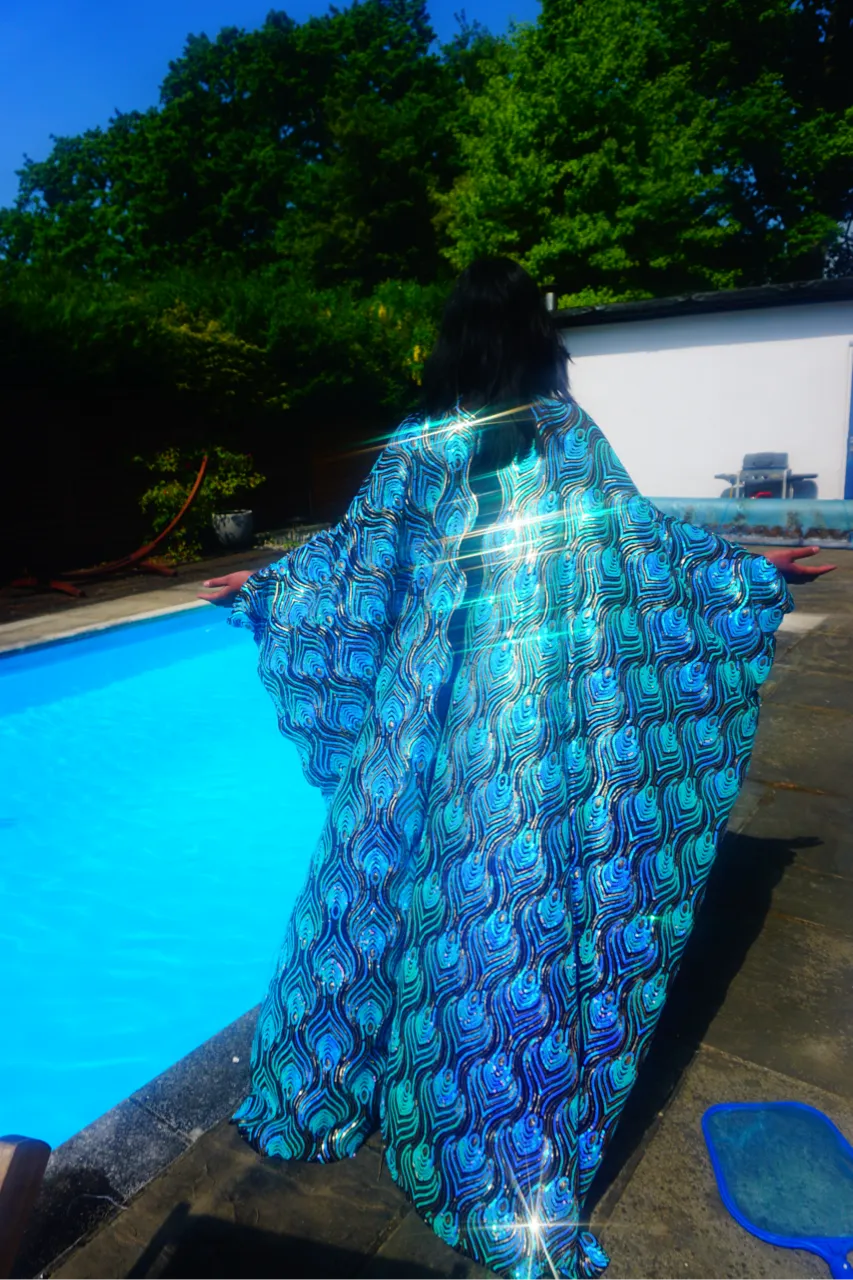 Luxury Aqua Mint Sparkle Holographic Sequin Kaftan Gown / Kimono Robe