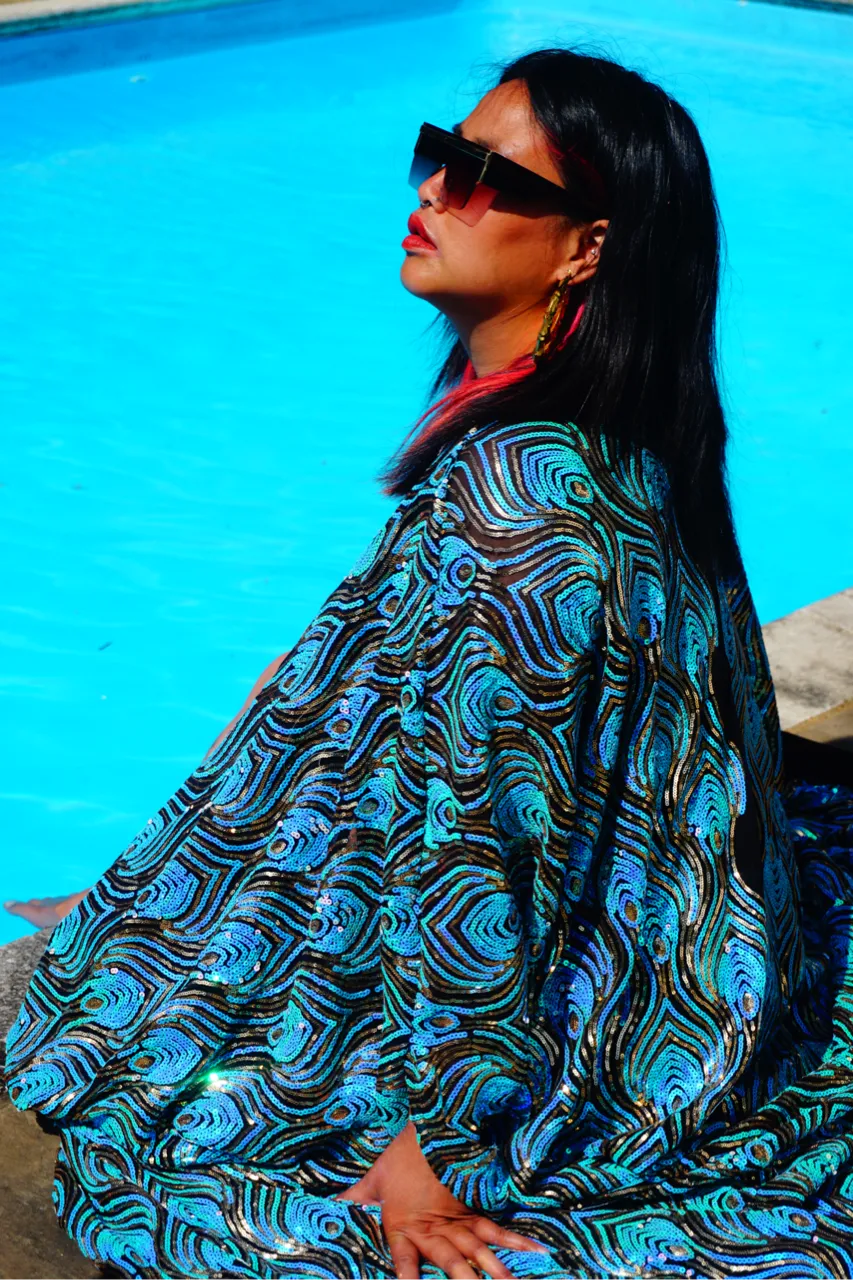 Luxury Aqua Mint Sparkle Holographic Sequin Kaftan Gown / Kimono Robe
