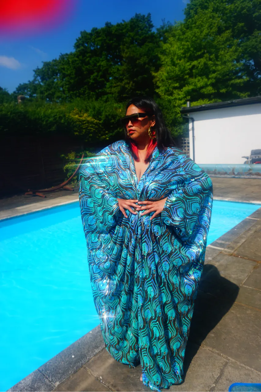 Luxury Aqua Mint Sparkle Holographic Sequin Kaftan Gown / Kimono Robe