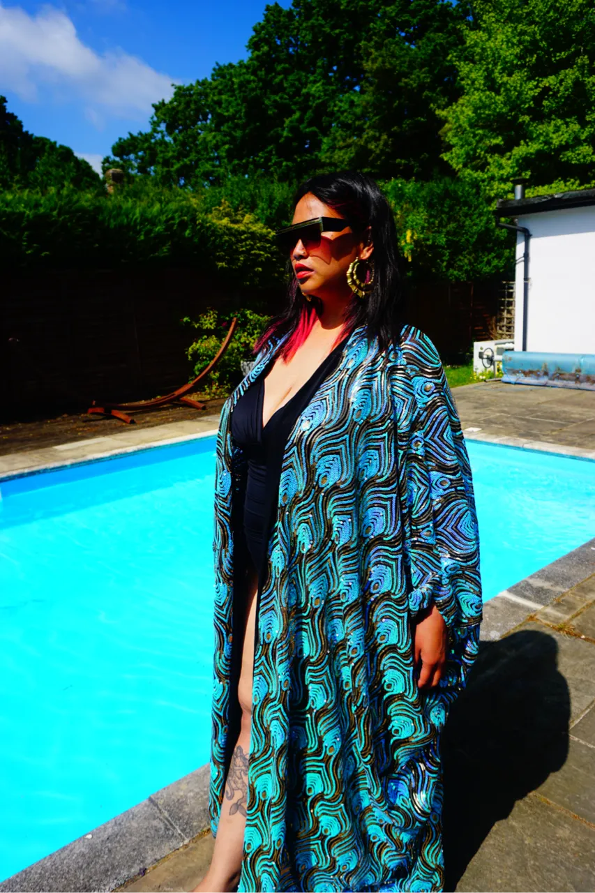 Luxury Aqua Mint Sparkle Holographic Sequin Kaftan Gown / Kimono Robe