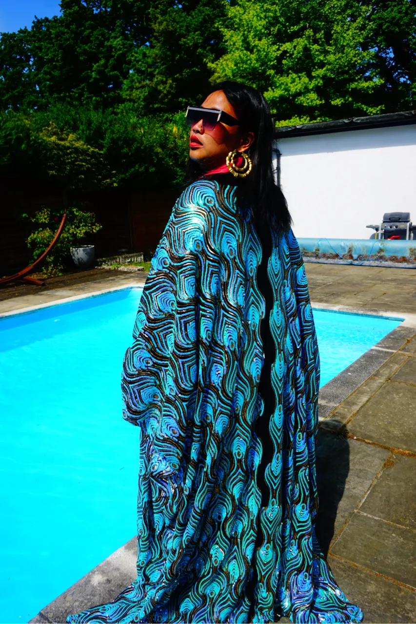Luxury Aqua Mint Sparkle Holographic Sequin Kaftan Gown / Kimono Robe
