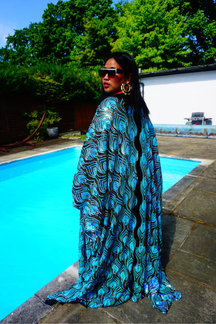Luxury Aqua Mint Sparkle Holographic Sequin Kaftan Gown / Kimono Robe