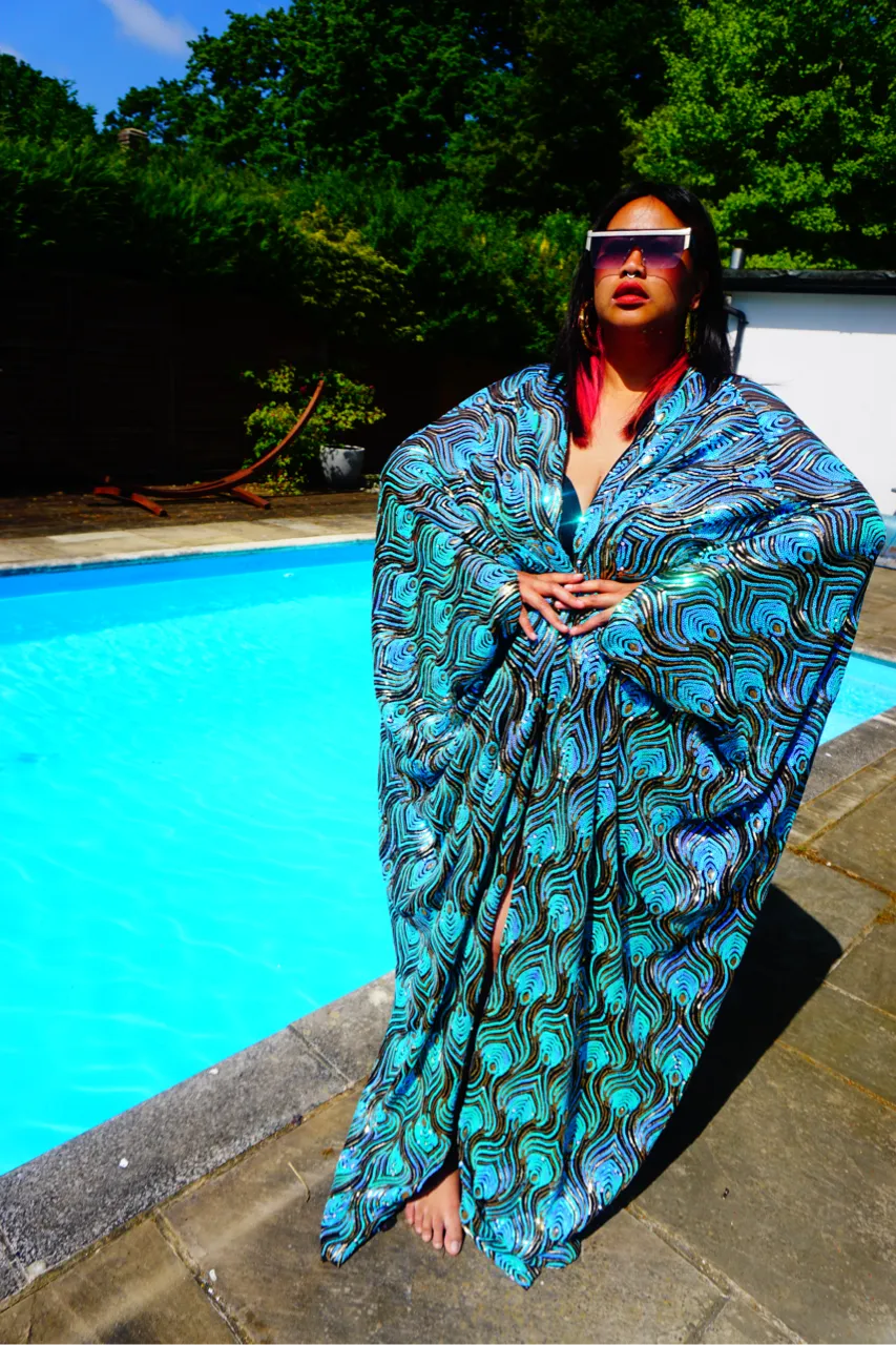 Luxury Aqua Mint Sparkle Holographic Sequin Kaftan Gown / Kimono Robe