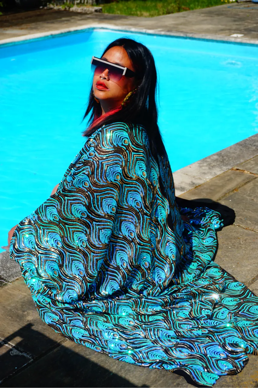 Luxury Aqua Mint Sparkle Holographic Sequin Kaftan Gown / Kimono Robe