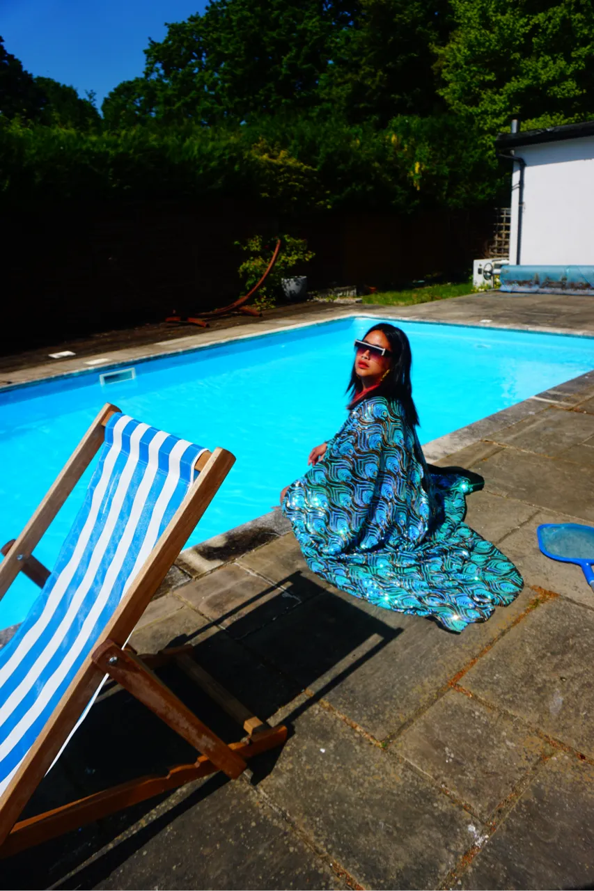 Luxury Aqua Mint Sparkle Holographic Sequin Kaftan Gown / Kimono Robe
